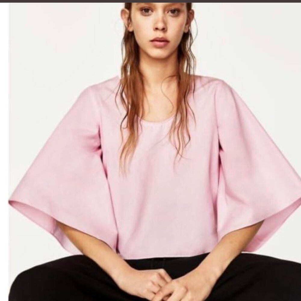 Zara BABY PINK Wide Sleeve Bow Cropped Blouse Size S